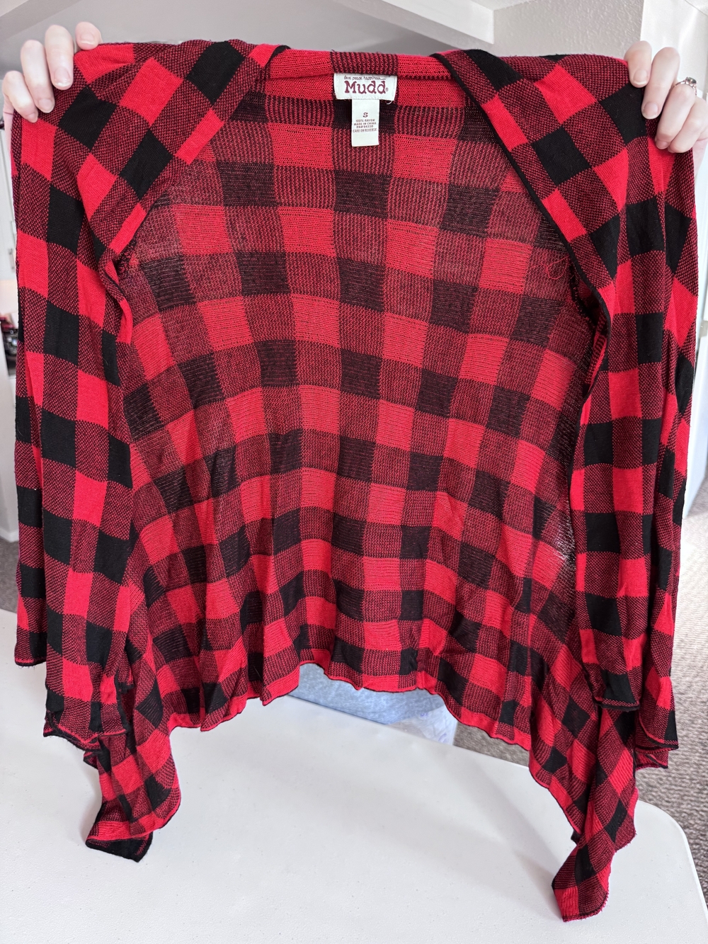 Mudd Red and Black Plaid Open Front Cardigan Sweater